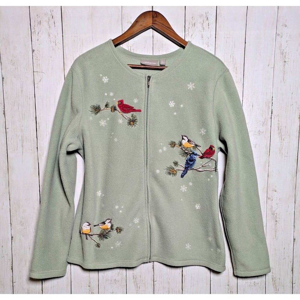 Croft & Barrow Green Fleece Jacket Embroidered Birds Size L Cottagecore Granola